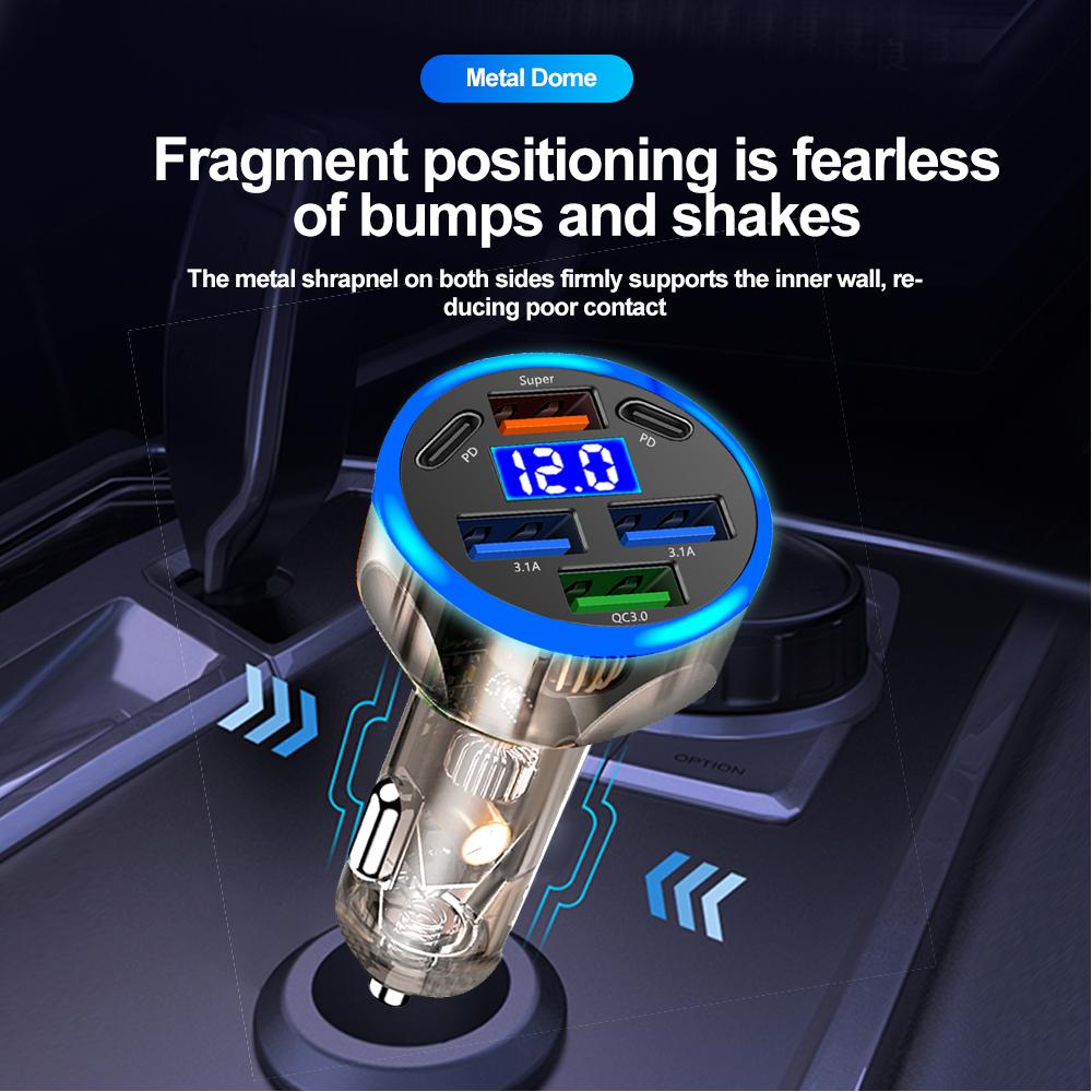 Автомобильное зарядное устройство на 5 портов со светодиодным дисплеем, быстрая зарядка QC3.0, порты USB PD 3.1A, универсальный автомобильный адаптер с контролем температуры
