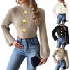 Women's Fall And Winter Solid Colour Short Neckless Hand Crochet Flared Sleeve Half High Neck Sweater Top