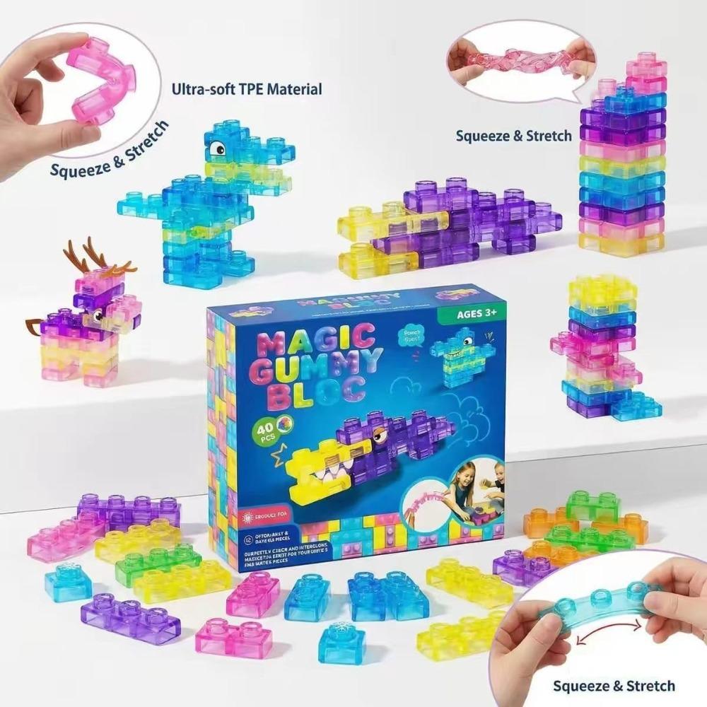 Magic Gummy Bloc 40 Pcs Soft Silicone Building Blocks Flexible Large Particle Sensory Construction Toys Safe Toddler Educational Gift for Kids