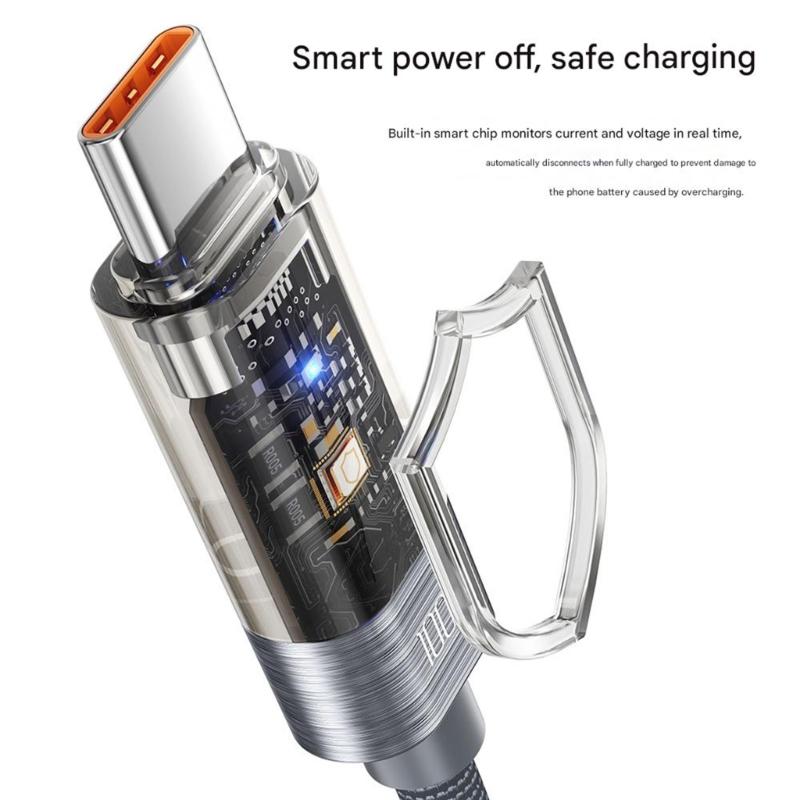 Интеллектуальное автоотключение 100 Вт USB C на USB C Кабель для зарядки Прозрачные виды Алюминиевая ПВХ Конструкция