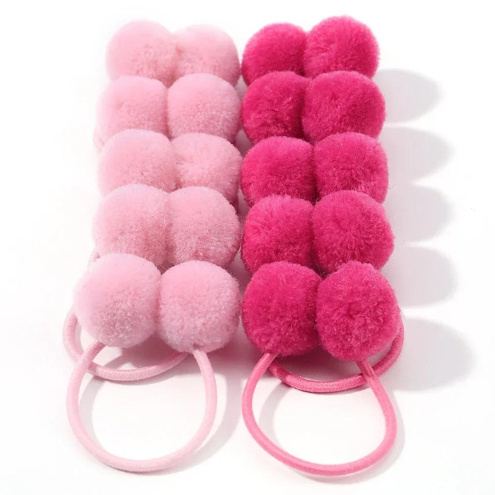 10 шт. Однотонные детские резинки для волос ручной работы для девочек зимние с меховым помпоном резинка для хвостика веревка для волос аксессуары для волос