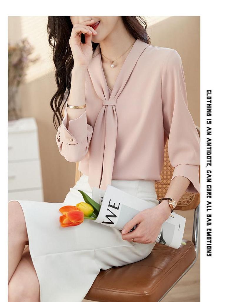 2024 High-End Women's Chiffon Ribbon Blouse - Slimming Long Sleeve, Versatile Spring/Autumn Fashion