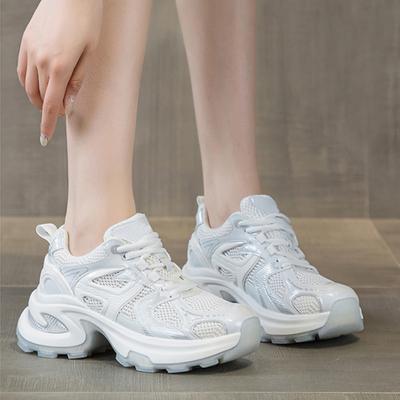 Весенне-летняя обувь, женские модные кроссовки, дышащая сетчатая обувь, увеличивающая рост на 6 см, белые серебристые брендовые женские кроссовки