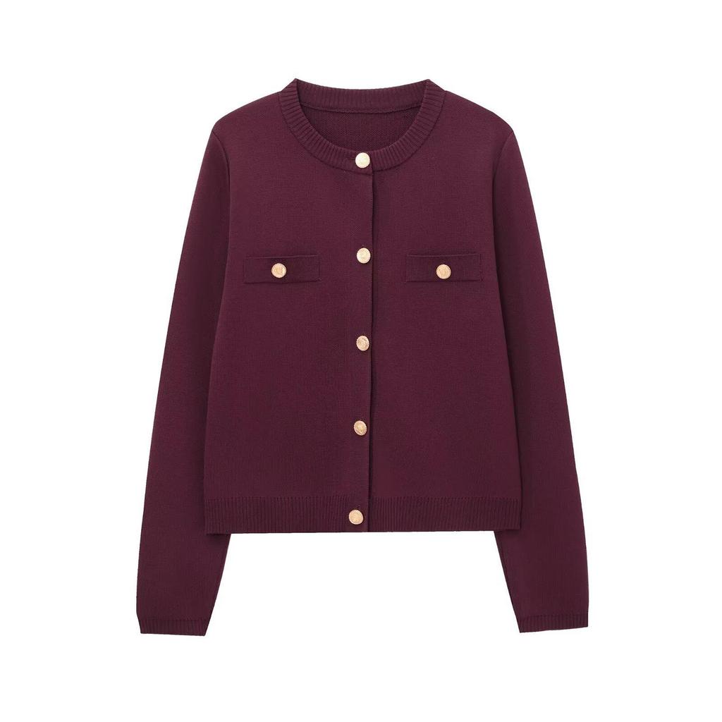 Женский однобортный вязаный кардиган с круглым вырезом в европейском и американском стиле - модный универсальный дизайн, модель #1822106