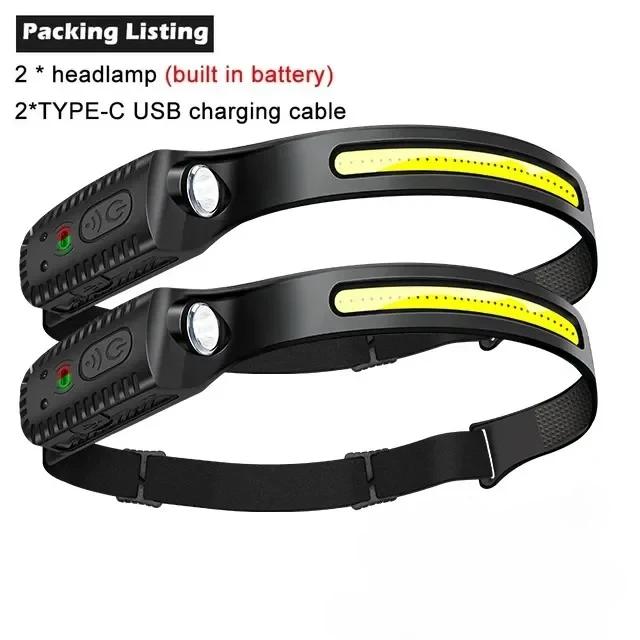 Светодиодный налобный фонарь с зарядкой от USB, встроенный аккумулятор, 5 режимов, фонарь для кемпинга, рыбалки, поиска