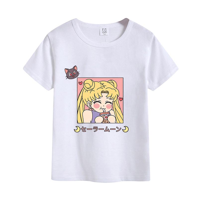 Unisex Summer White Shortsleeved Sailor Moon Tshirt Pretty Sailor Moon Design Casual Top For Children Adults