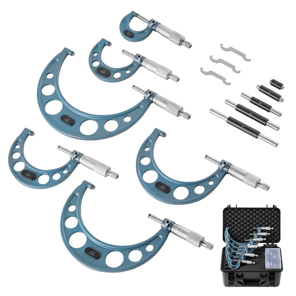VEVOR 6 PCS Micrometer Set, 0-1/1-2/2-3/3-4/4-5/5-6/in Machinist Outside Micrometer, Precision Accuracy