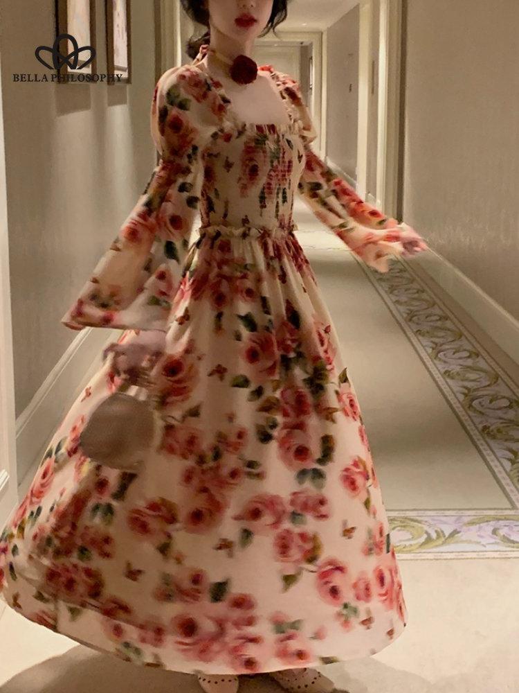 Французское винтажное платье миди, женское повседневное вечернее платье с длинным рукавом, элегантное синее весеннее пляжное цельное платье, корейская мода