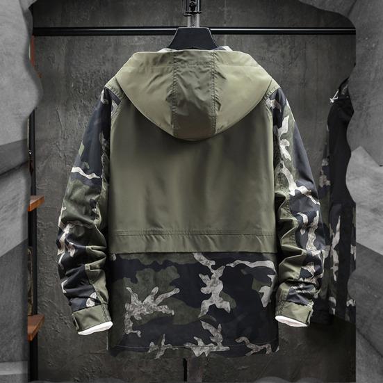 Men Hoodie Jacket Camouflage Patchwork Loose Windbreaker Spring Autumn Washable Zipper Outwear Streetwear