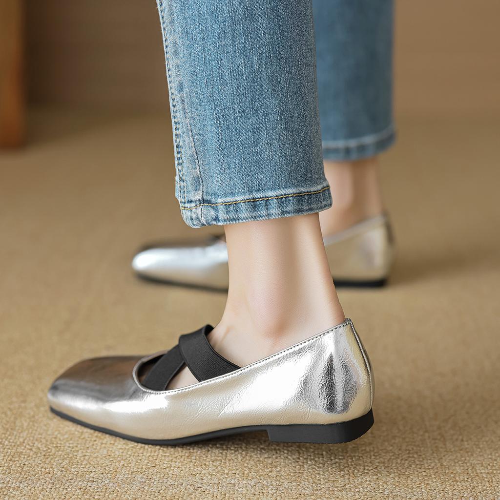 Weiwei Girl 8929-3 Серебристые балетки Женские с открытым вырезом Винтажные с перекрестными ремешками Квадратный носок Одинарная обувь Женская мягкая подошва