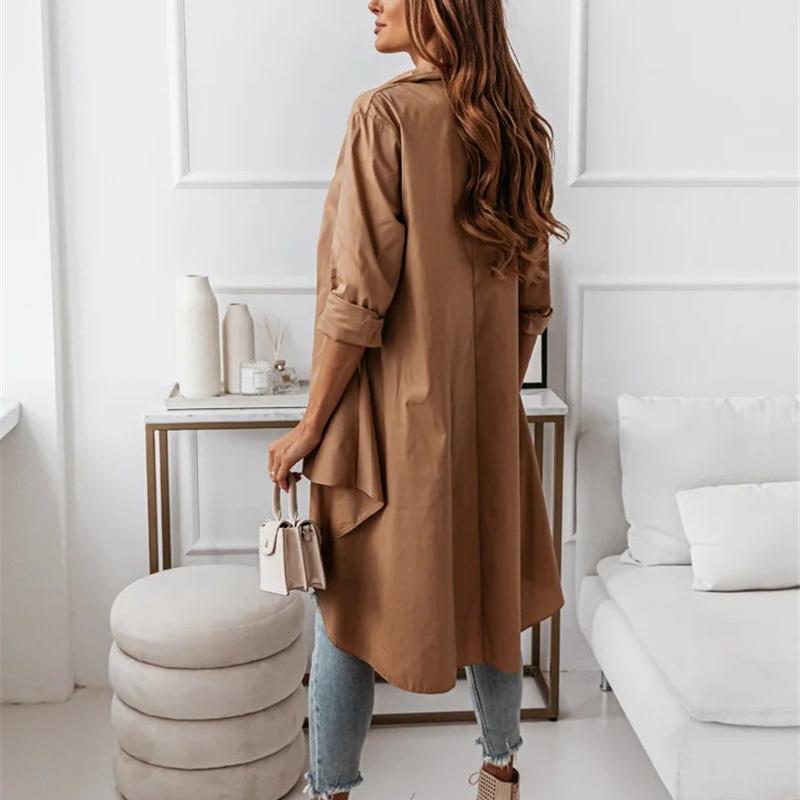 Women Spring Autumn Long Sleeve Lapel Solid Color Loose Irregular Long Shirt Blouse Top