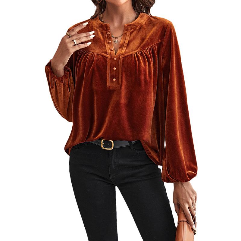 YYFS Женские модные повседневные весенне-осенние однотонные блузки и рубашки с v-образным вырезом и длинным рукавом с принтом