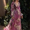 2025 Summer New Printed Women's Dress V-neck Long-sleeved Big Swing Dress Long Dress Women
