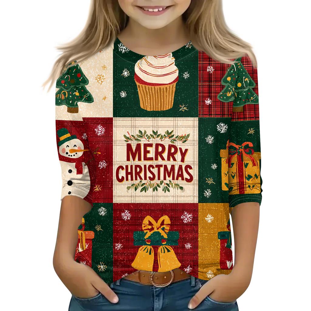 Children's 3/4 Sleeve Round Neck Top Christmas Tree Printed Everyday Casual Top