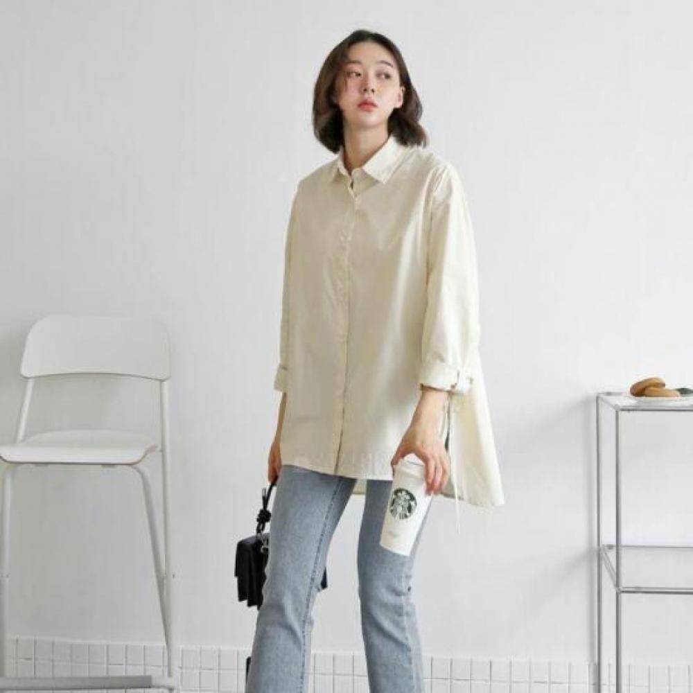 New Arrivals Open Run Lit Vinse Shirt Plain Long Sleeve Women Side sLit Cotton