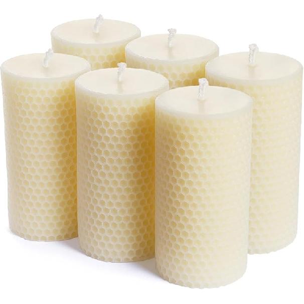 Pure Natural Beeswax Pillar Candles Bulk - Pack of 6 - Honeycomb Surface, No Scent- for Emergency/Prayer/Relax (2inch Diameter, 4 inch Tall - Yellow)