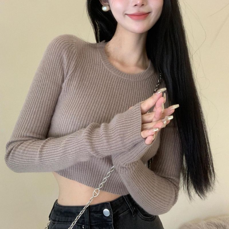 Женский базовый свитер повседневный круглый вырез женский вязаный свитер тонкий однотонный короткий топ женская одежда