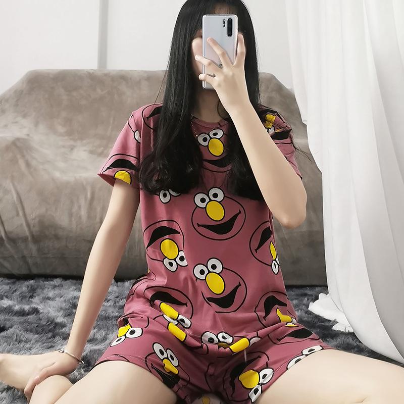 Женский летний пижамный комплект: Круглый вырез, Короткий рукав, Мультяшный принт, Омолаживающая домашняя одежда
