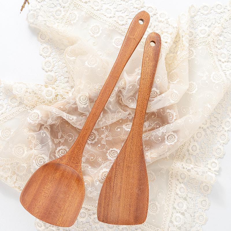 Набор кухонных ложек из черного дерева: Лопатка с длинной ручкой, лопатка для жарки, набор кухонных принадлежностей.
