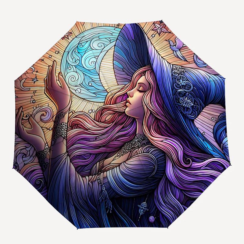 1 шт. Звездная Ночь Колдунья Зонт: Автоматическое открытие/закрытие, Складная конструкция, 8 спиц, Для улицы, Подарок на фестиваль, Подходит для фанатов, Путешествий, Ежедневного использования