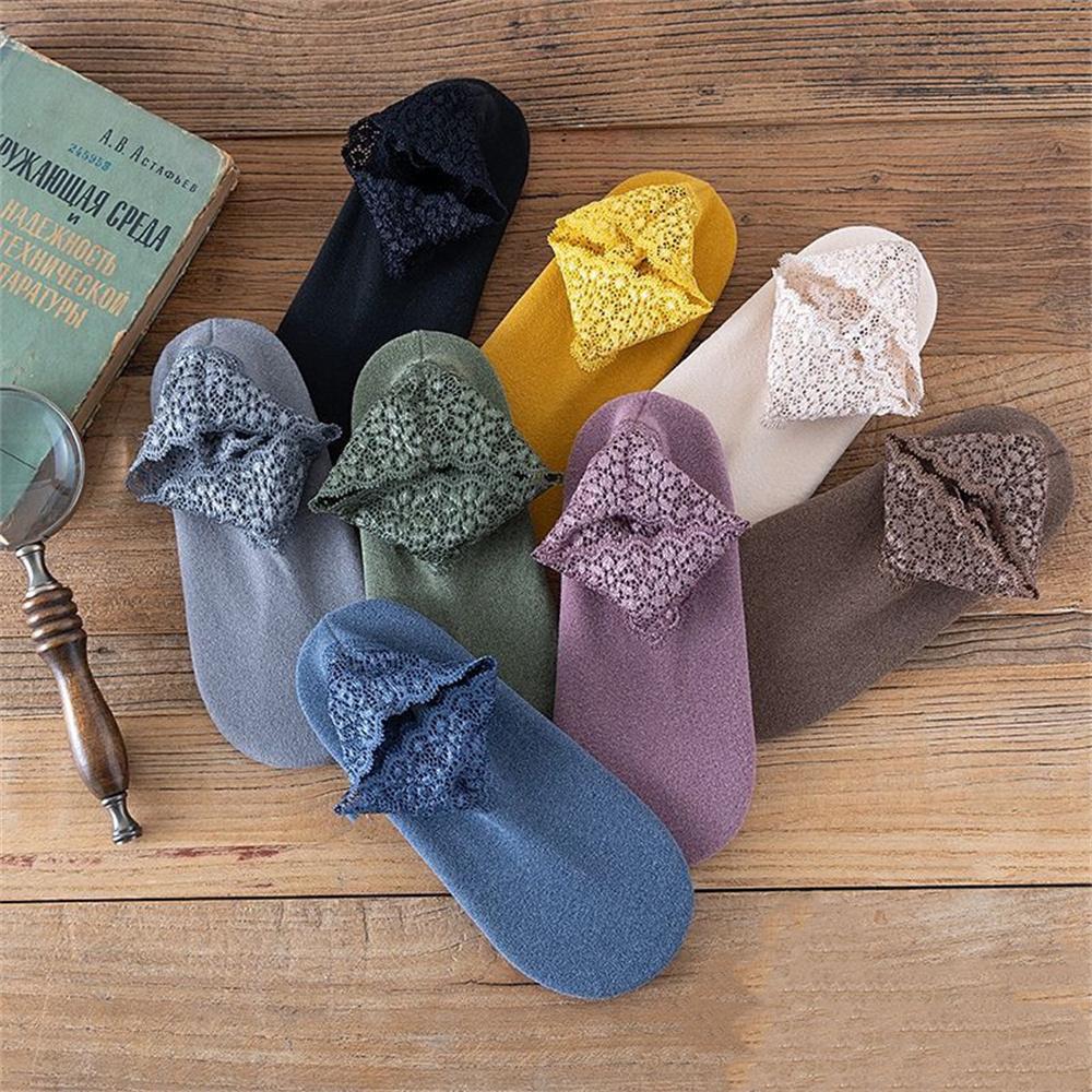 Autumn Winter Hollow Lace Short Floor Socks Silicone Anti Slip Warm Velvet Loose Mouth Socks Low Tube Thicken Meia