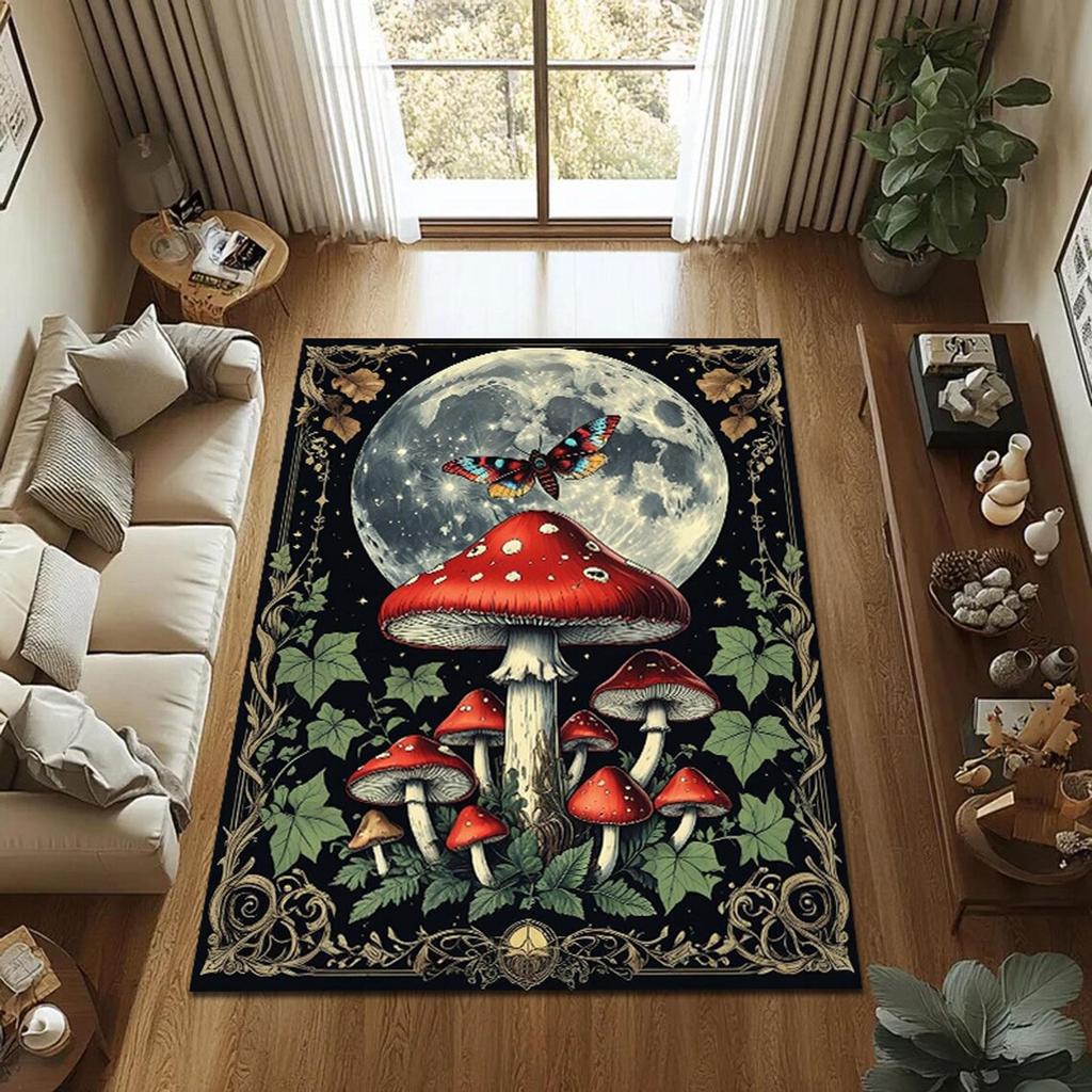 Mystical Mushroom Rug,Full Moon Forest Carpet, Gothic Nature Decor with Butterfly & Red Toadstools, Fairycore Living Room Mat