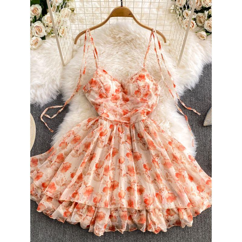 Sweet Chest Pad Orange Sling Dress Lace
