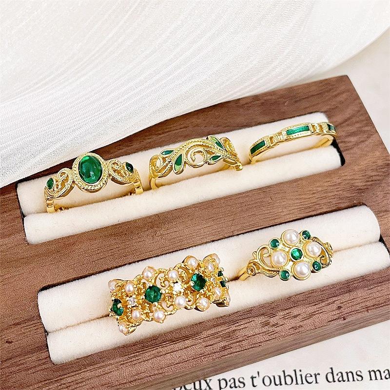 Fashion Gold Emerald Drop Glaze Open Ring Zircon Enamel Personality Light Luxury Premium Retro Ladies Ring
