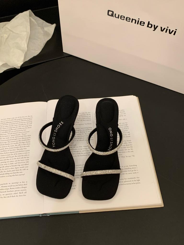 Niche High-end Transparent Belt Slippers Women's Shoes Wear 2025 Summer Rhinestone Sandals High-heeled Sandals