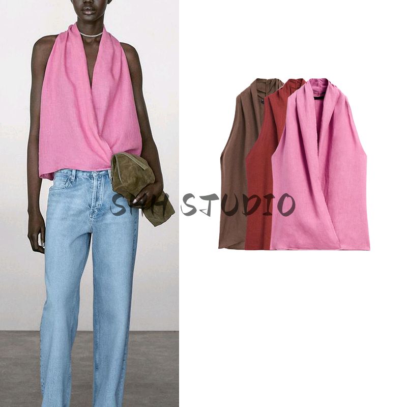 MD Summer Women's Clothing French Style Normcore Elegance Cross Hanging Collar Spaghetti Straps Sleeveless Shirt Tops 5131640