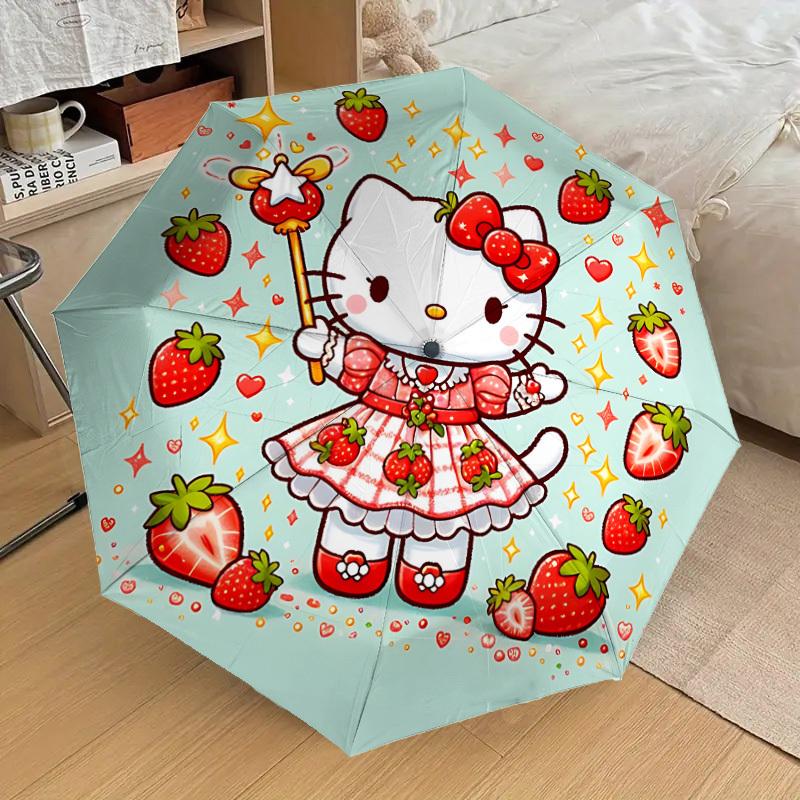 1PC Strawberry Hello Kitty Automatic Folding Umbrella | Vibrant Motif & Compact Design for Everyone, On-the-Go Essential - Gift-Worthy Style yy2509300