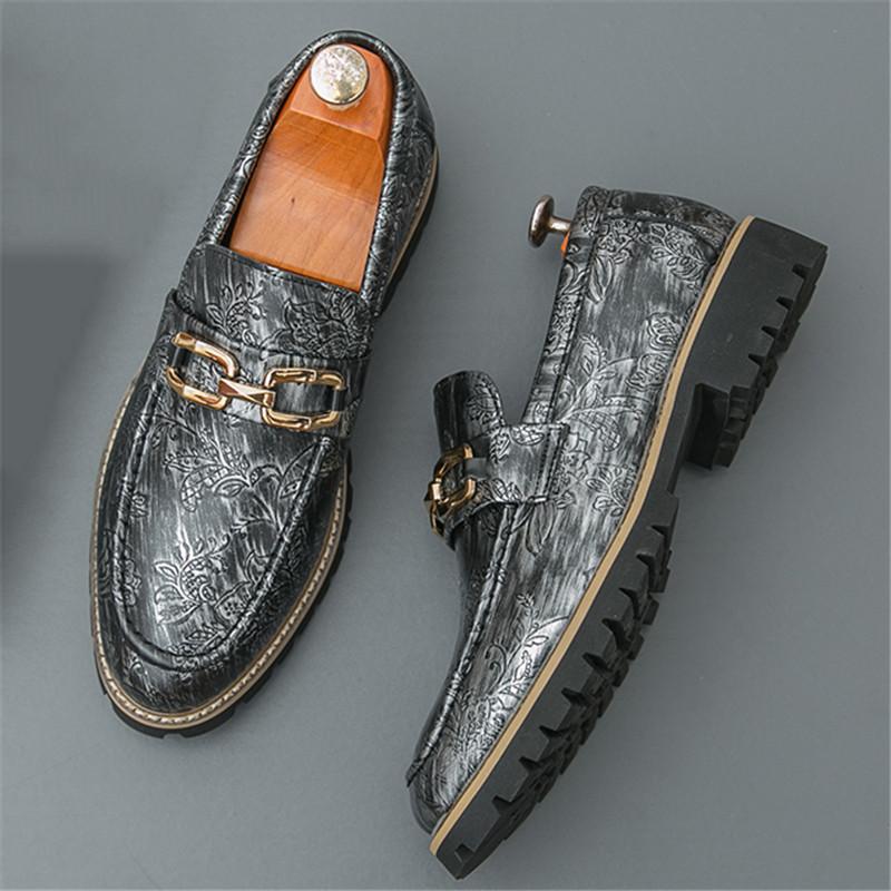 Fashion New Retro Print Pattern Leather Loafter Men's Metal Chain Casual Shoes Designer Formal Wedding Dress Homecoming Footwear