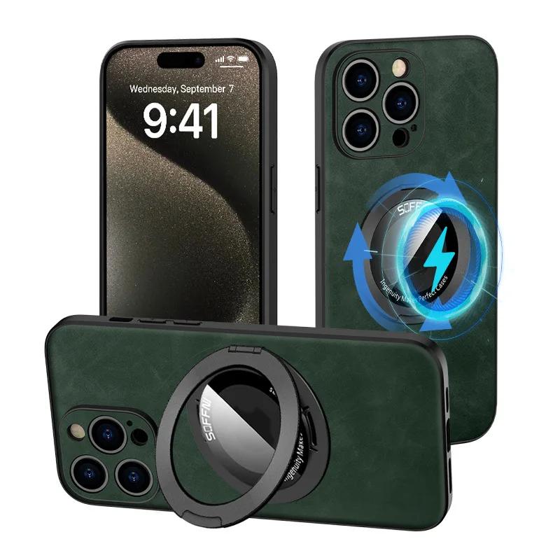 360 Магнитное кольцо с подставкой Роскошный кожаный чехол для телефона для IPhone 15 14 13 12 11 Pro Max Держатель Защитная Противоударная Крышка