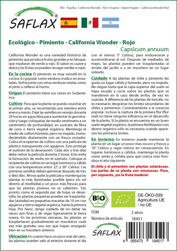 SAFLAX Organic - Sweet Pepper - California Wonder Red - 20 Seeds - Capsicum Annuum