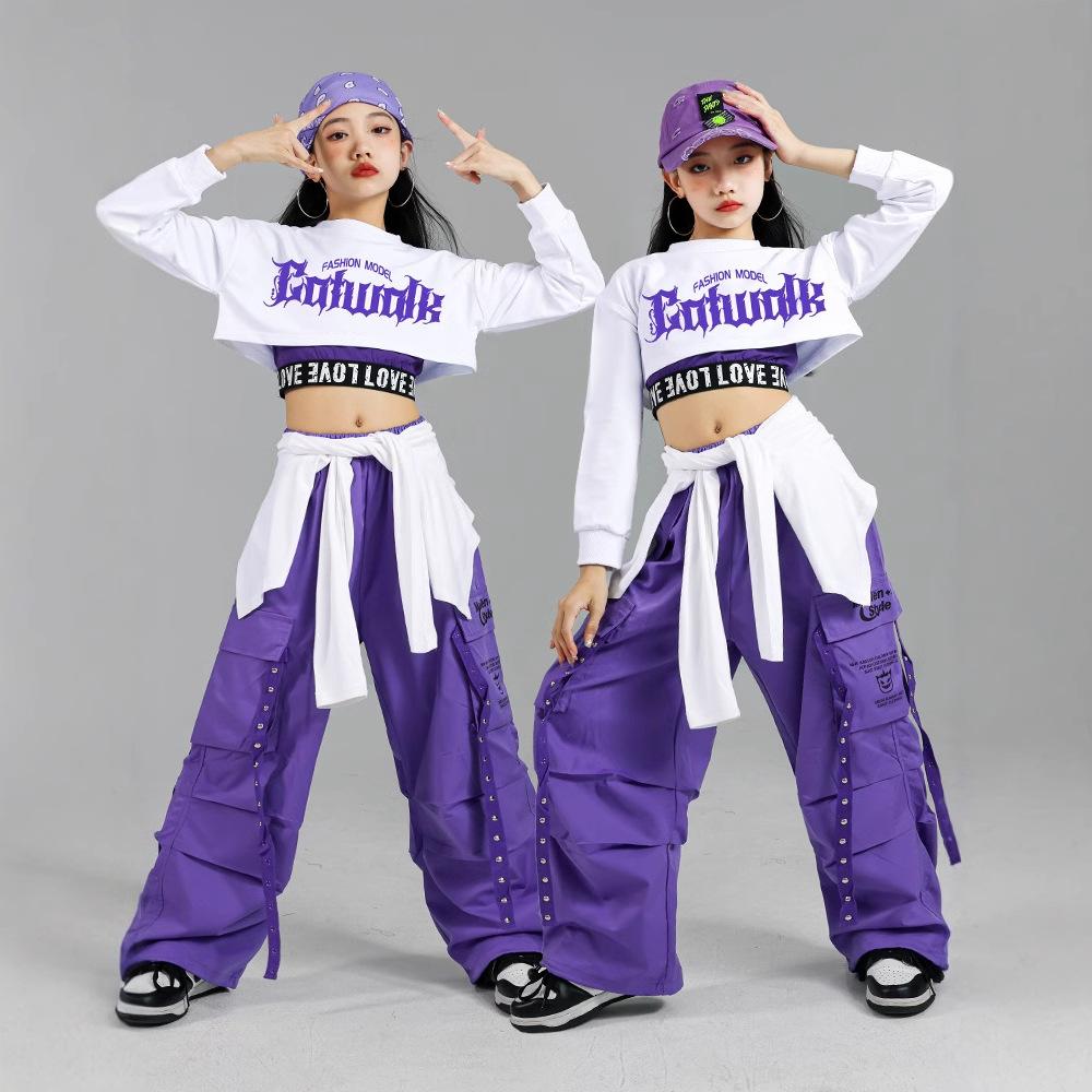 Хип-хоп Девочки K-pop Укороченный топ Фиолетовые брюки-карго Детские Наряды для уличных танцев Детская уличная одежда Наборы одежды для джаза