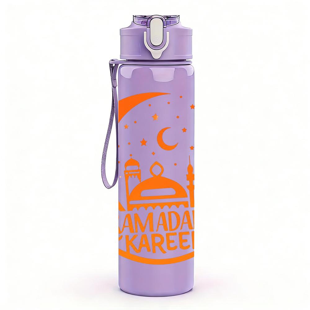 1PC Ramadan Orange Crescent Moon Print 750ml Color Plastic Water Bottle Leakproof Flip Straw Lid For Sports Office Home Use