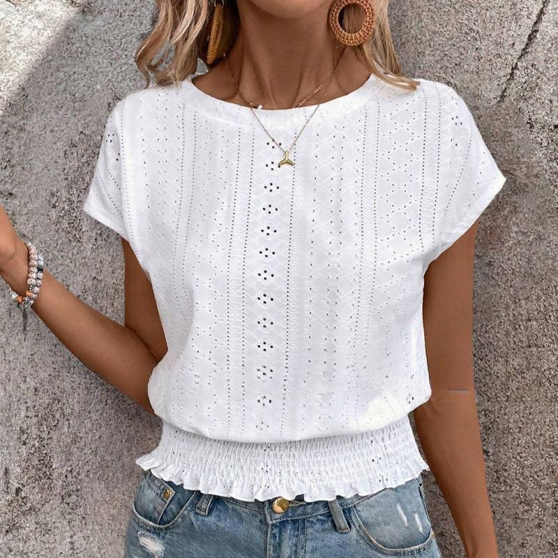 Летняя повседневная блузка с круглым вырезом из жаккарда с коротким рукавом, милые свободные женские рубашки, топы, элегантные однотонные узкие белые блузки для отпуска 26365