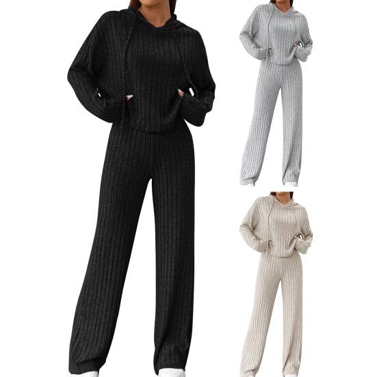 2 Pcs/Set Women Hoodie Pants Suit Drawstring Thread Long Sleeves Solid Color Top High Waist Wide Leg Sport Trousers Spring Fall Tracksuit