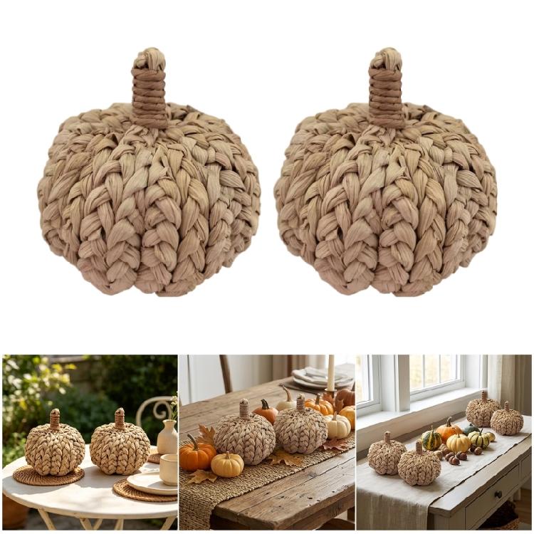 Thanksgiving Pumpkins Decors Accent, Woven Farmhouses Tabletop Ornament with Natural Braided Texture for Shelf and Harvest Styling