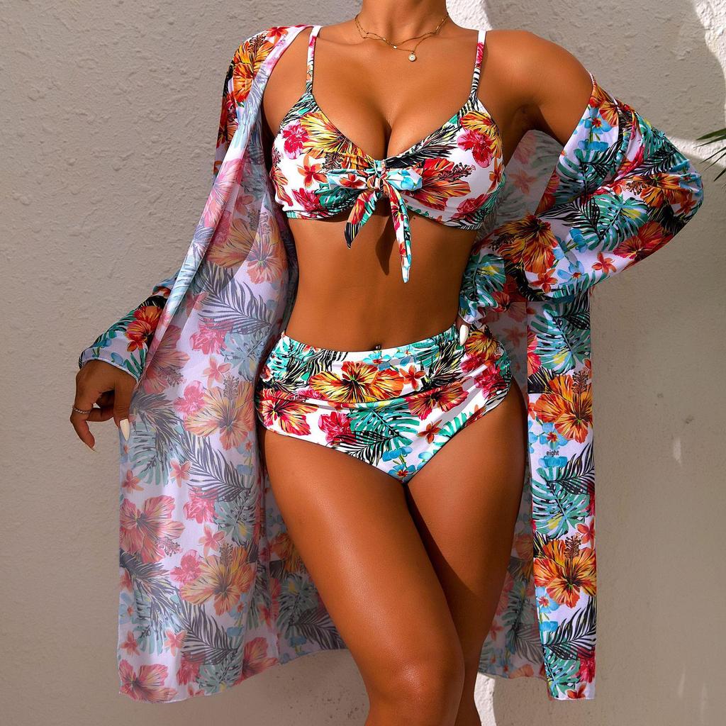 Women's Sexy Three-Piece Printed Swimsuit: Long-Sleeved, Sun Protection, Quick-Drying, Breathable