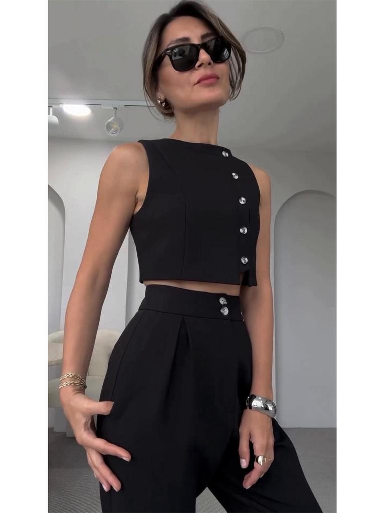 Европейская и американская женская мода весна/лето 2024 Топ без рукавов и укороченные брюки с высокой талией