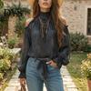 Skin Friendly Shirts Women Fall Cold Shoulder Shirt, Vintage Ethnic Print High Casual Blouses Collar Blouse, Ruffle Lantern Sleeve Top Autumn