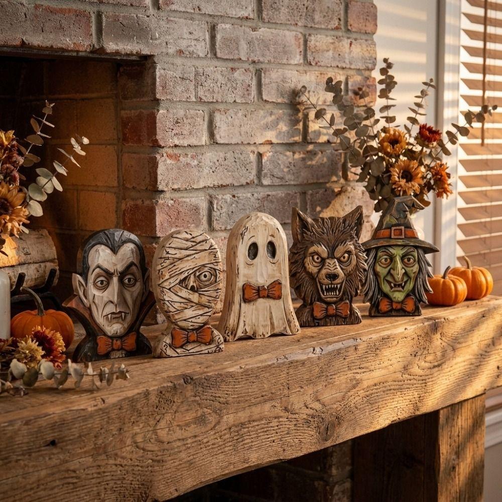 Wooden Ghost Figurine Wolf Witch Statue Decoration Desktop Decorations Halloween