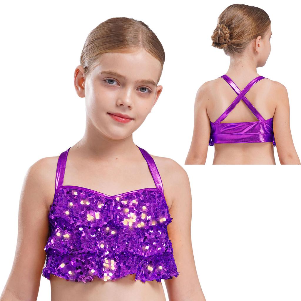 Girls Glittery Sequins Crop Top Tiered Ruffles Cross Back Metallic Camisole for Jazz Dance Performance