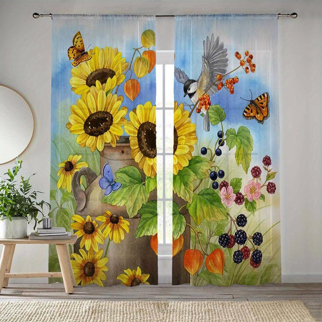Modern Simplistic Style Sunflower Print Drapes for Living Room Bedroom Decor Rod Pocket Semi-Sheer for Windows Decorations