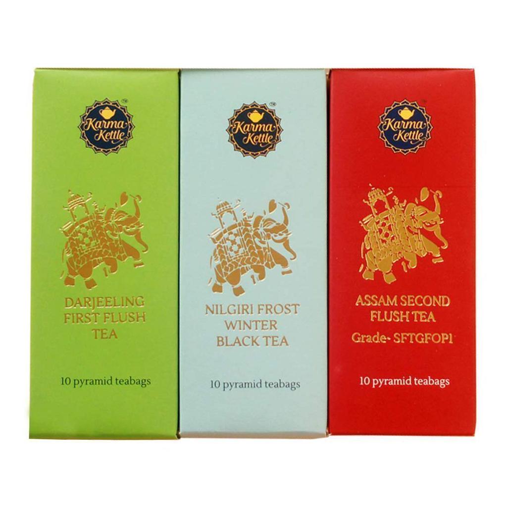 Tea Set 3 Flavors (30 Pack, 2 G), Essential India Gift Box, Karma Kettle
