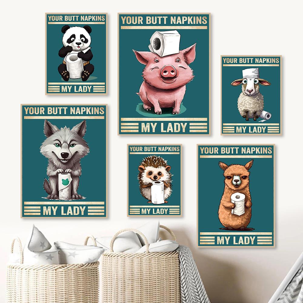 Салфетки для задницы Свинья Леди Смешной Юмористический Ретро Ванная Комната Настенный Арт Плакат Печать Туалет Животное Холст Картина Комната Домашний Декор