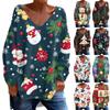 Women's Fashionable Casual Long Sleeved Christmas Printed V Neck Loose T Shirt Top