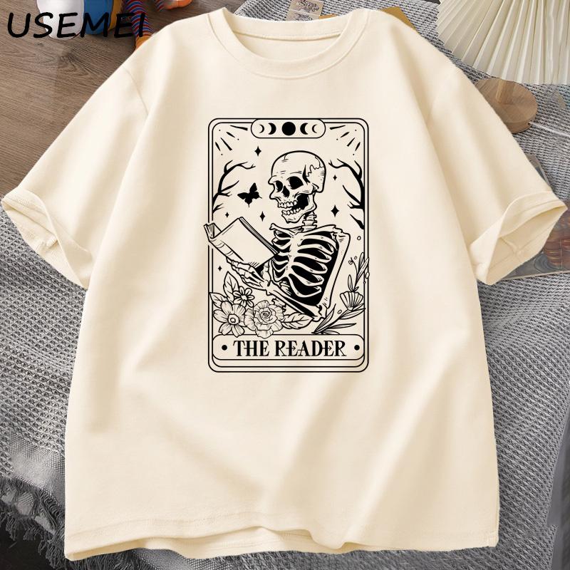 The Reader Tarot Card TShirt Skeleton Reading T Shirt Summer Cotton Book Lover Bookish Tshirt Unisex Women Unisex Oversized Tees