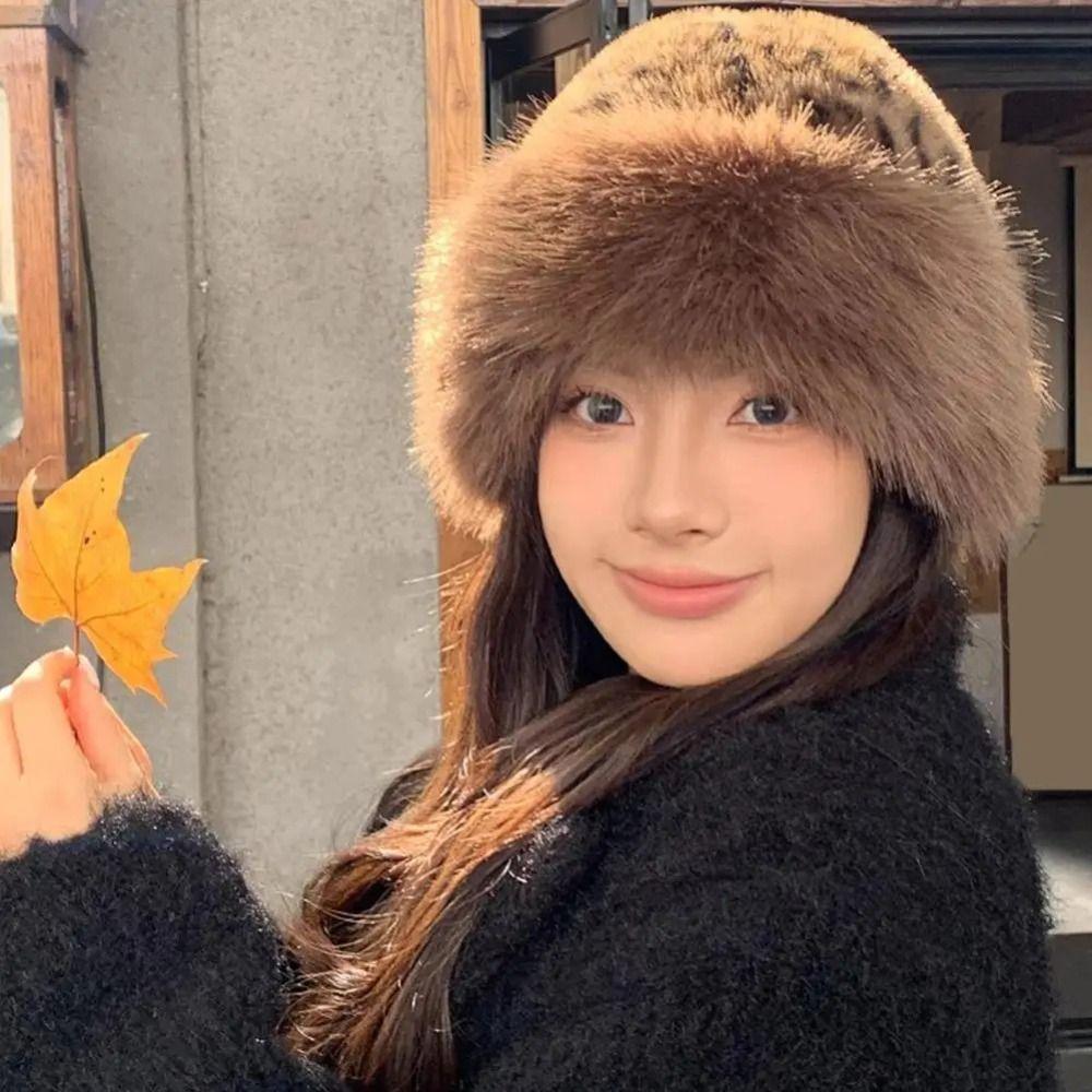 Норковый мех Леопардовый принт Плюшевая Монгольская шапка без полей Плюшевая Панама Осень и Зима